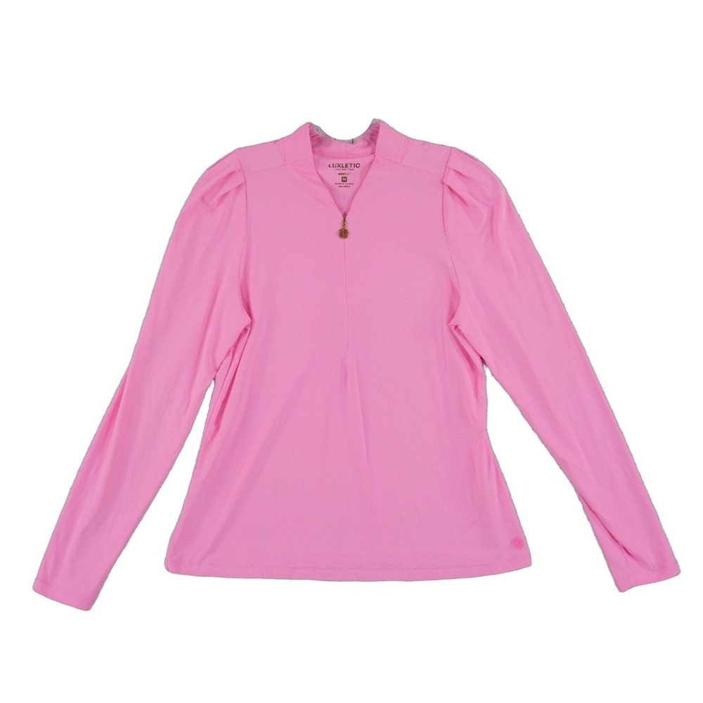 Lilly Pulitzer Luxletic Pink Top Shirt Women's Size Medium Half Zip Puff Sleeve